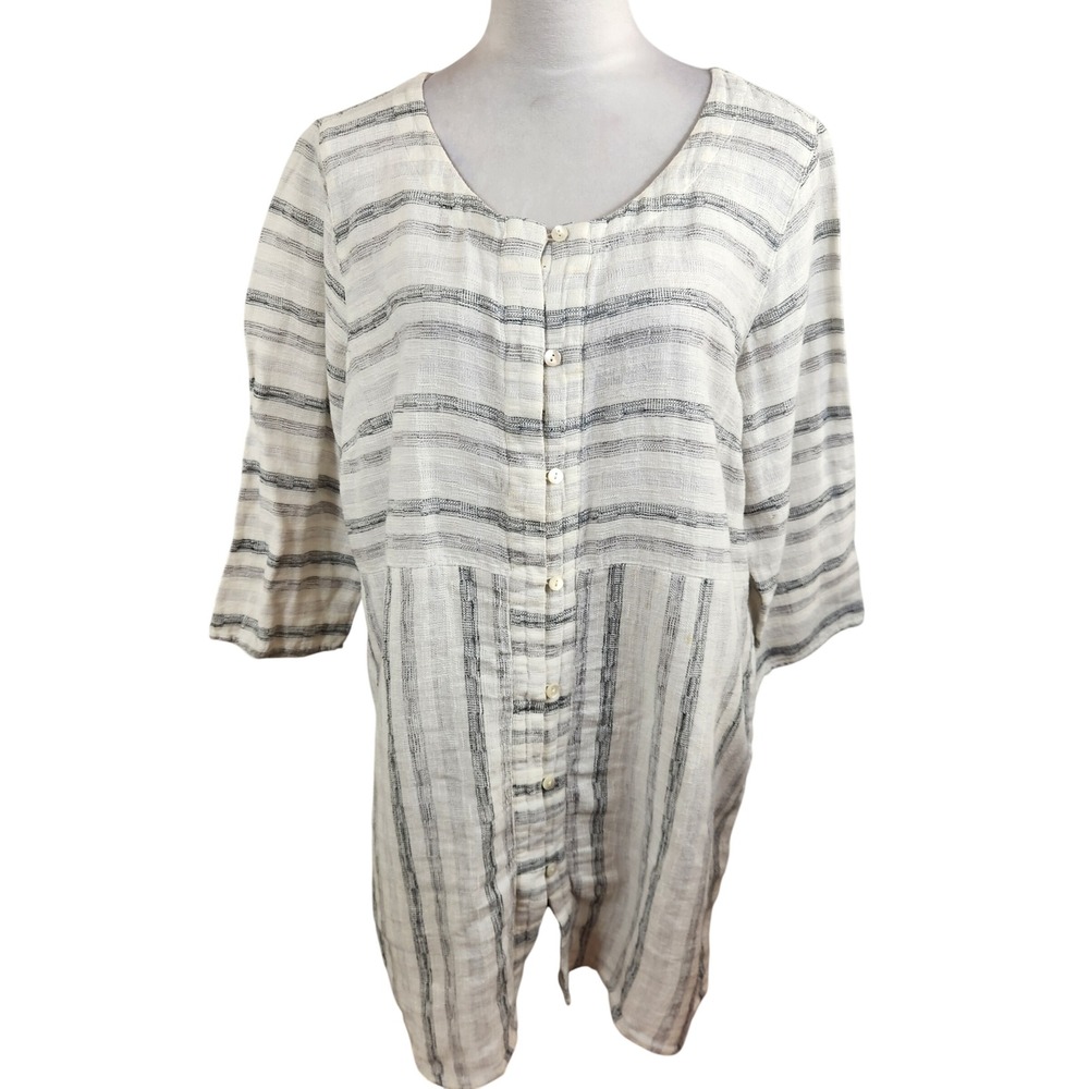 J Jill Pure Jill Womens L Striped Linen Blend Tunic Button Front Coastal Shirt